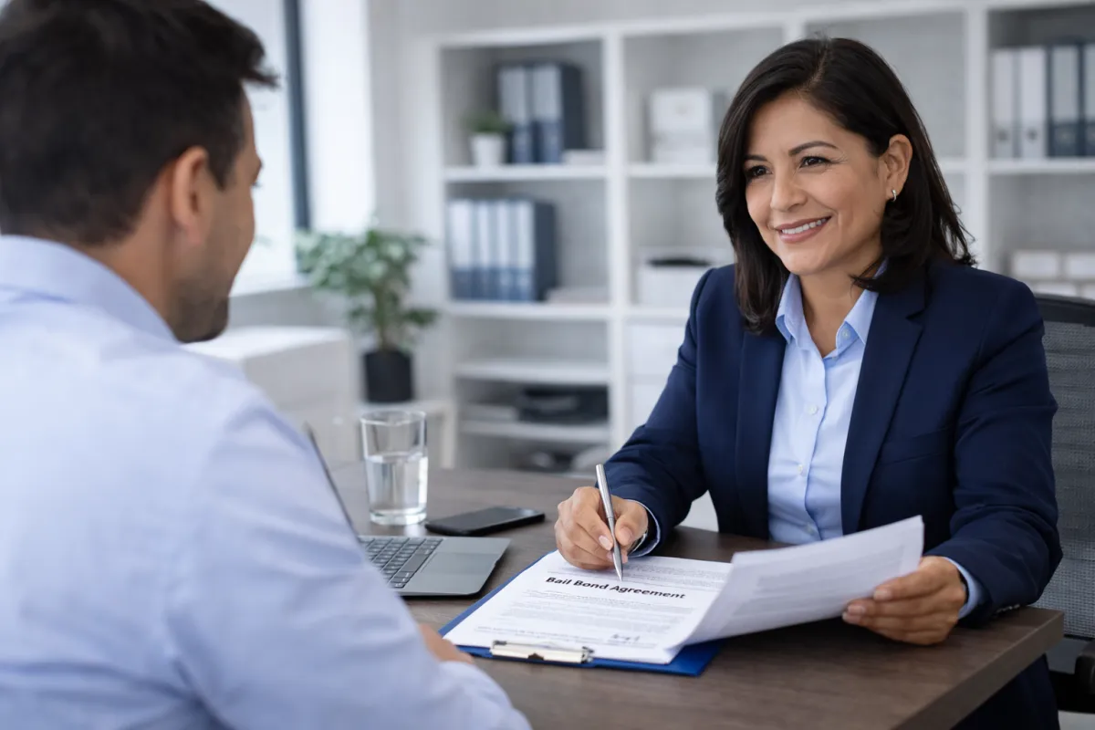 Latina bail bonds agent meeting with a client and reviewing documents in a professional office setting