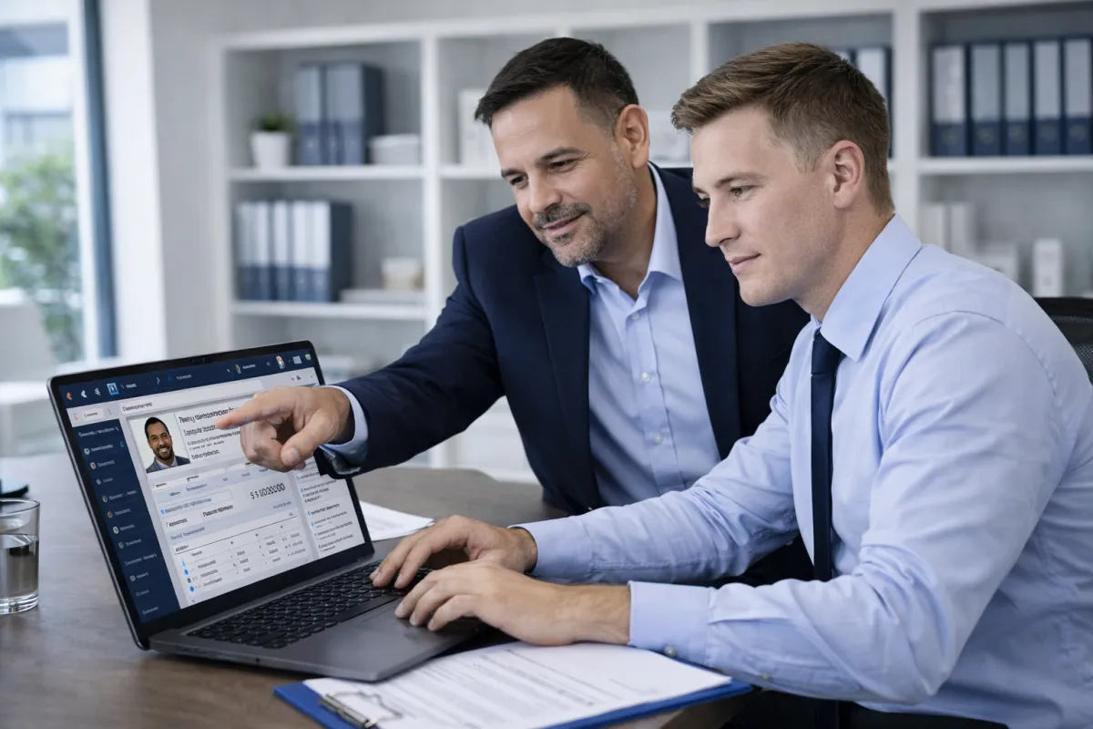 Bail bonds agent training with mentor using CRM system and reviewing client data in a professional office