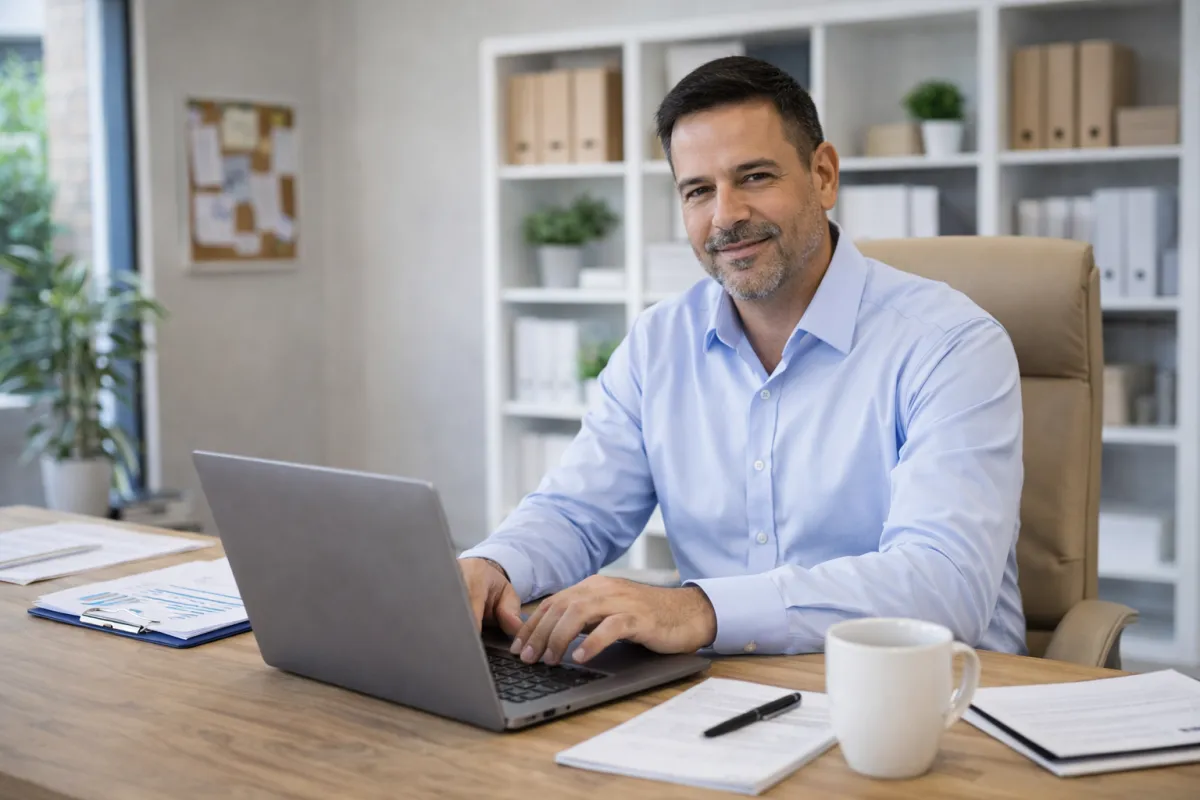 Independent bail bonds business owner working on a laptop in a modern office, representing growth and professional success