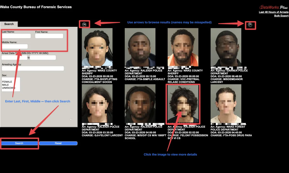 Wake County mugshots lookup tool with search fields and booking photos to view arrest details and charges