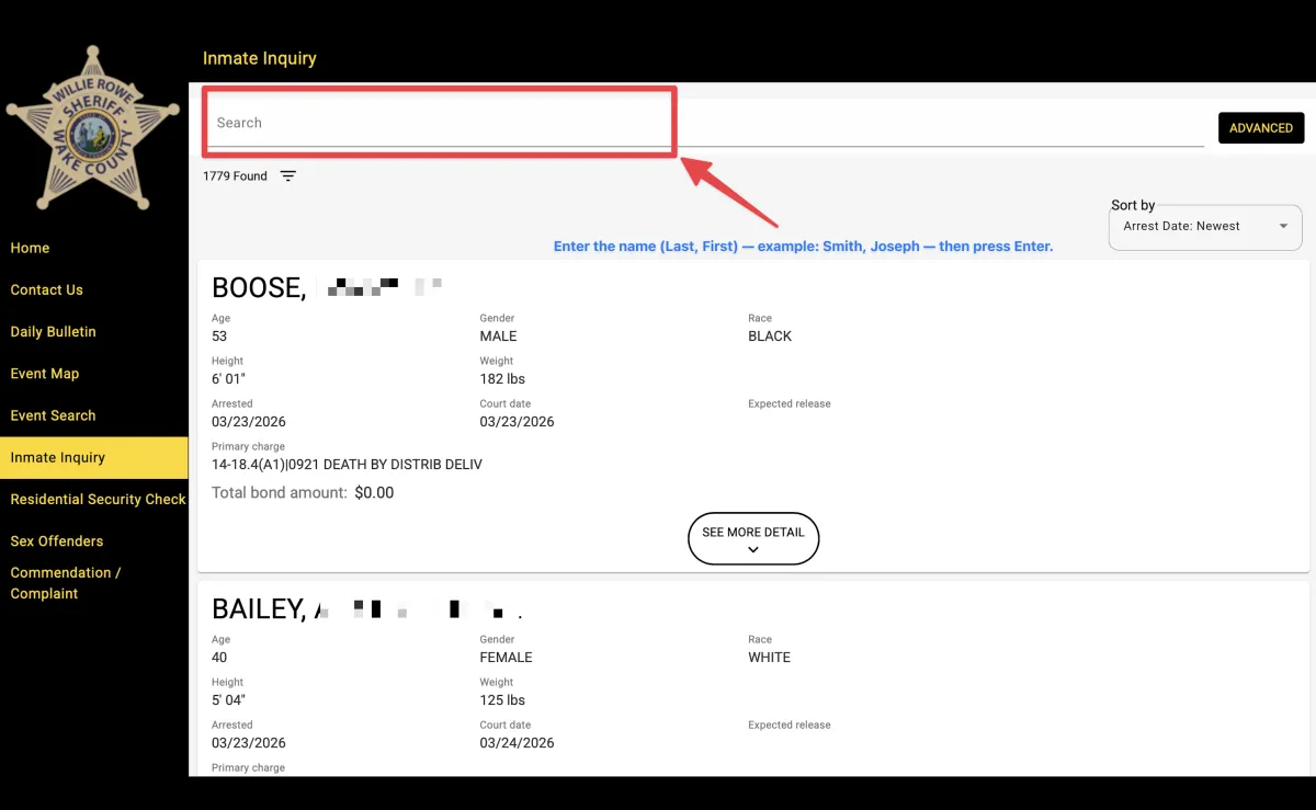 Wake County inmate search tool showing search bar for entering name to find charges and bond information