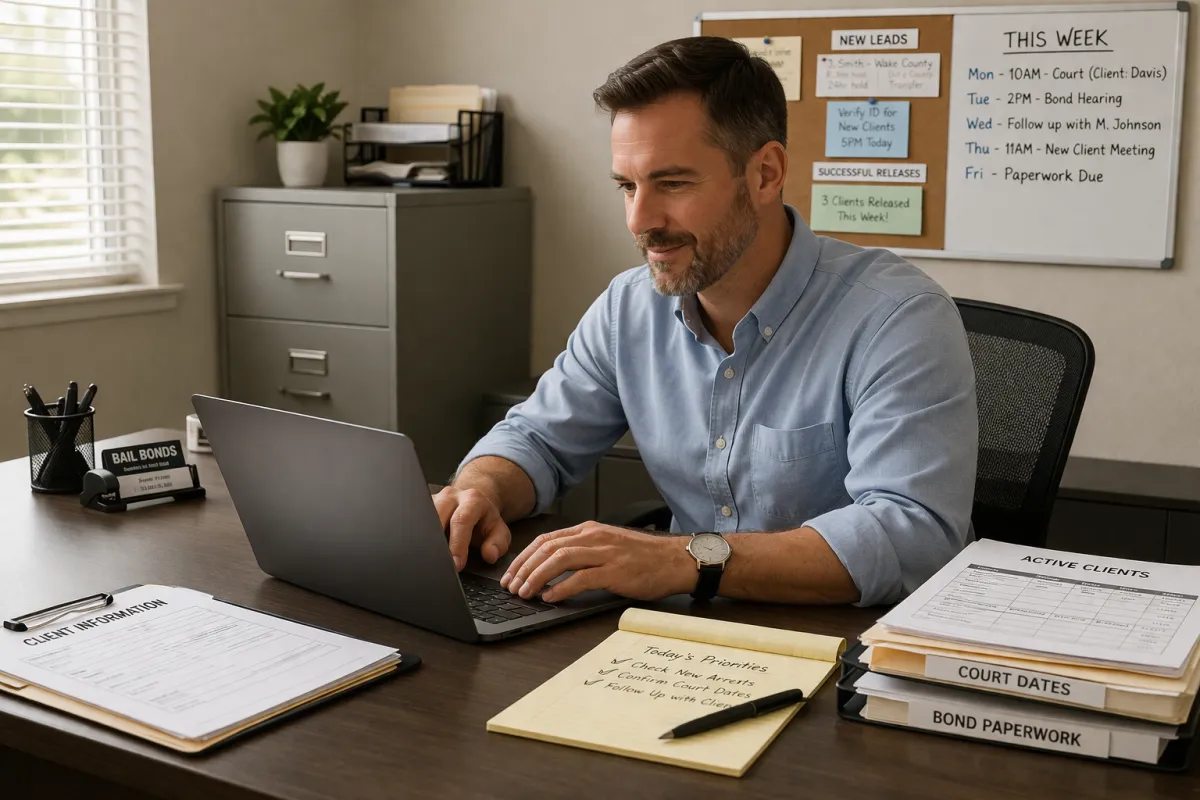 Bail bond agent working in organized office with partnership support and structured workflow