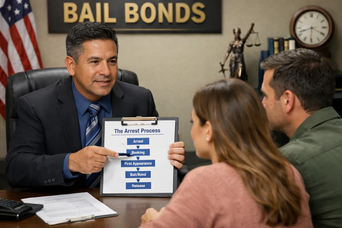Wake County bail agent explaining arrest process to couple in office from booking to release