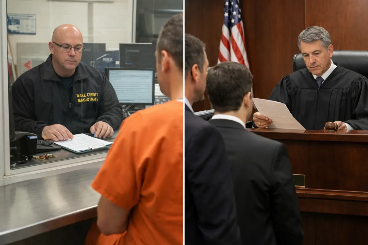 Judge and magistrate setting bail in Wake County jail during initial appearance and court hearing process