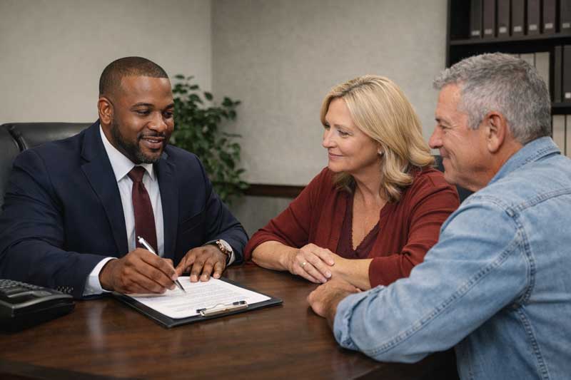 Bail agent explaining Wake County bail bond options to a family in an office