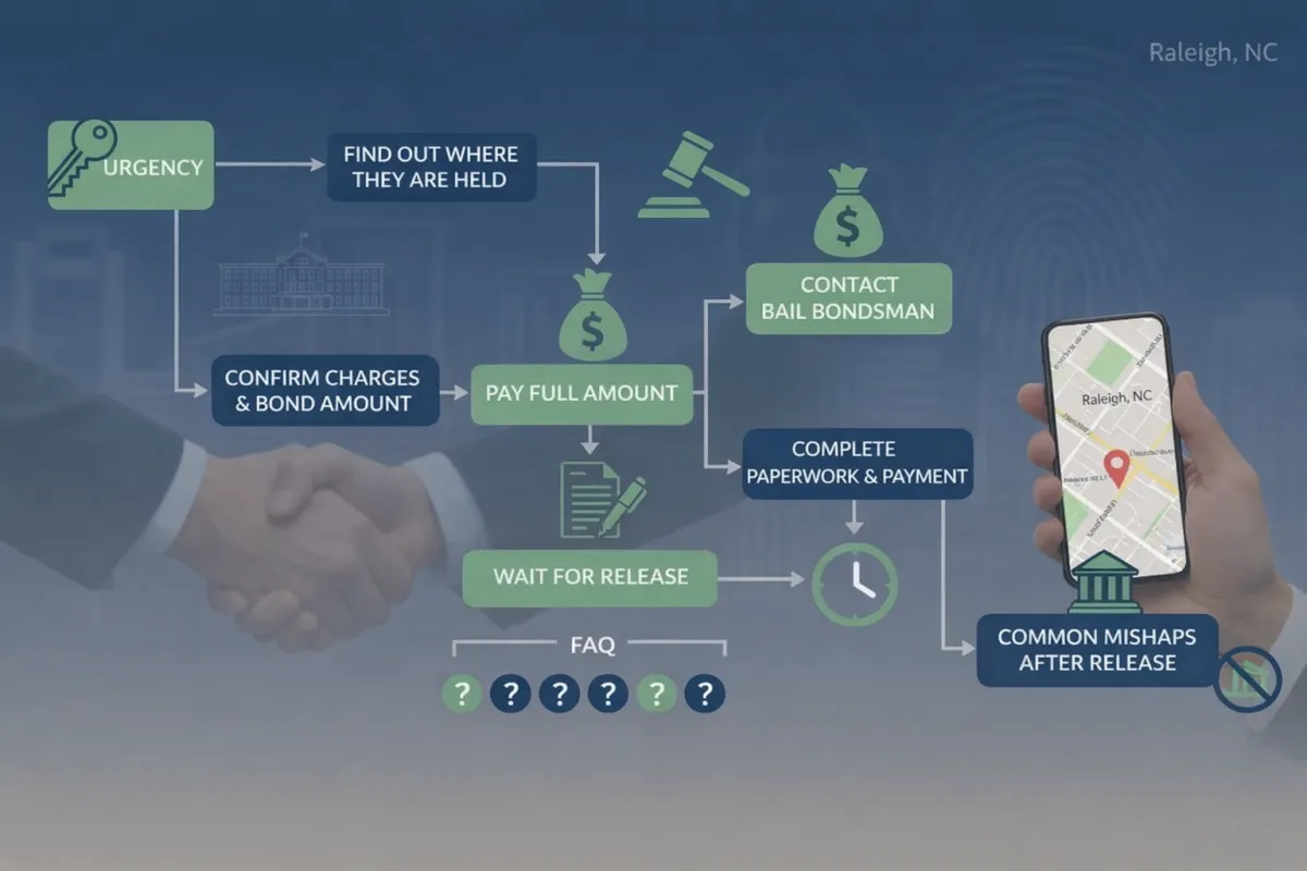 24-hour bail bond process in Wake County showing steps from arrest to release, including contacting a bail bondsman and completing paperwork