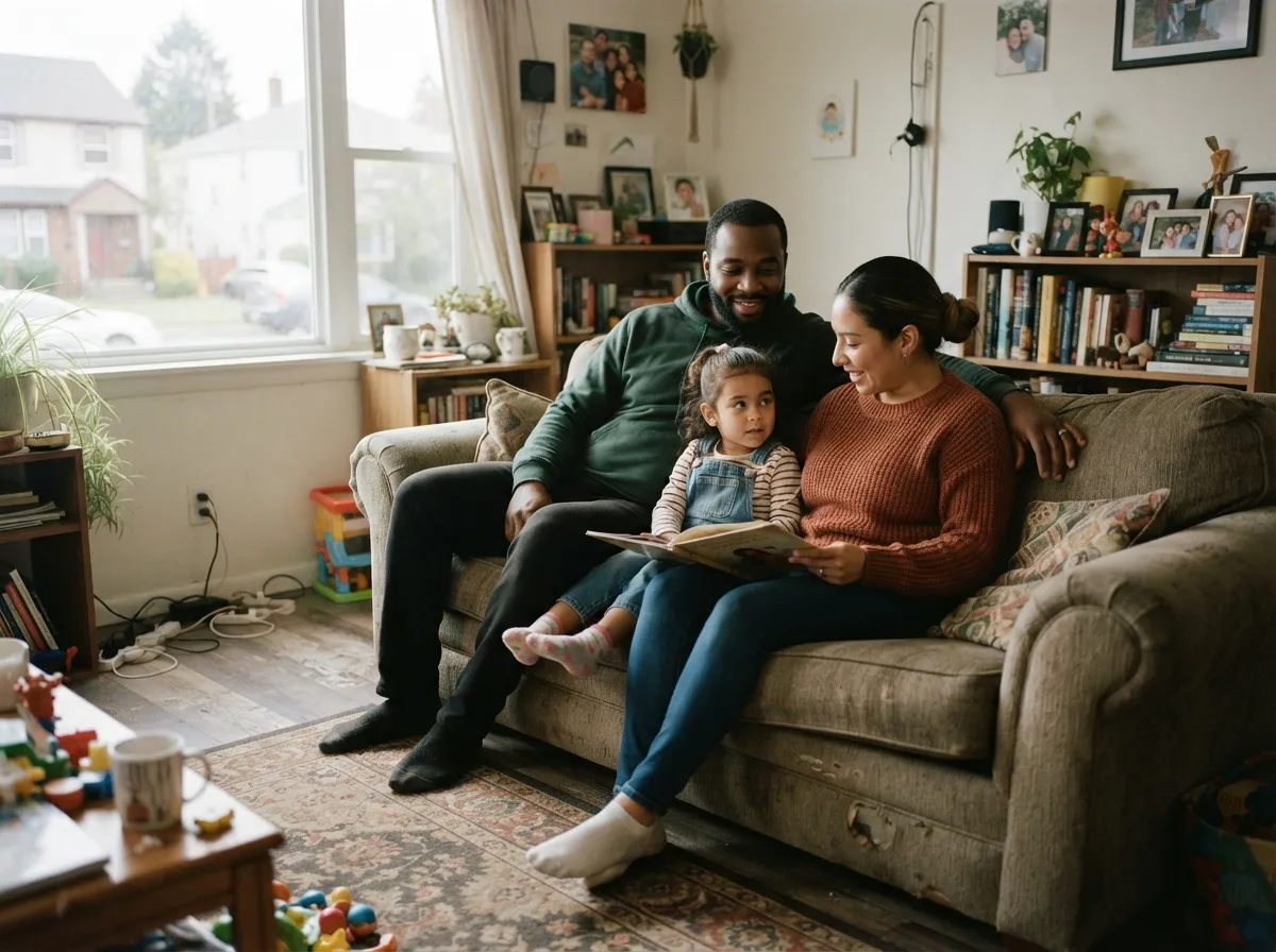 A family of three sitting together in a cozy living room