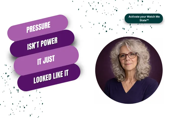 Blog cover graphic reading ‘Pressure isn’t power, it just looked like it’ with a portrait of Becky on a dark background.