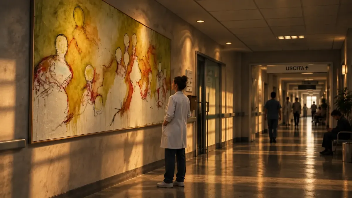 Through the Fire painting installed in the quiet corridor of Cristo Re Hospital