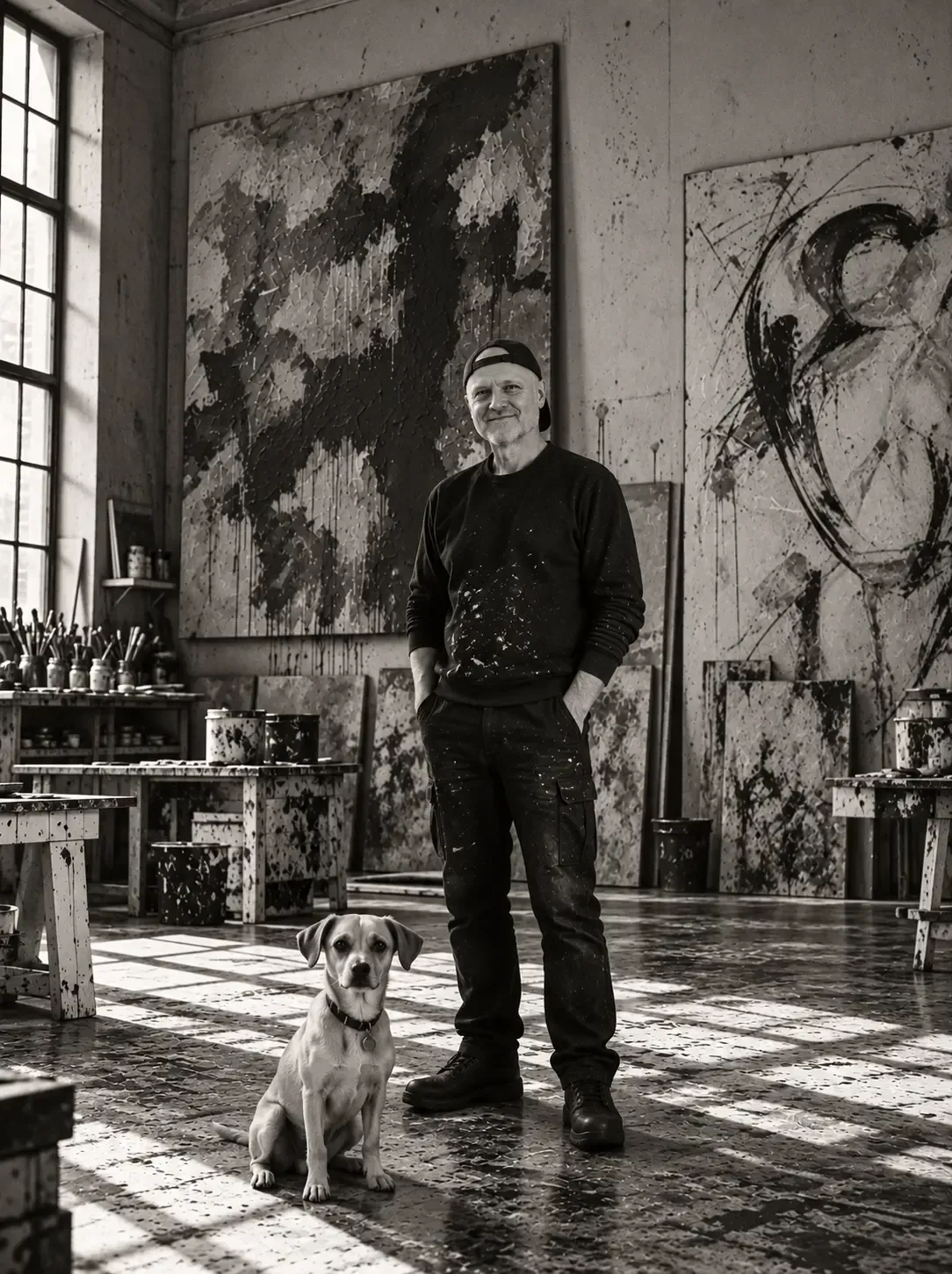 Black and white portrait of Adrian Bol standing thoughtfully in his natural light painting studio