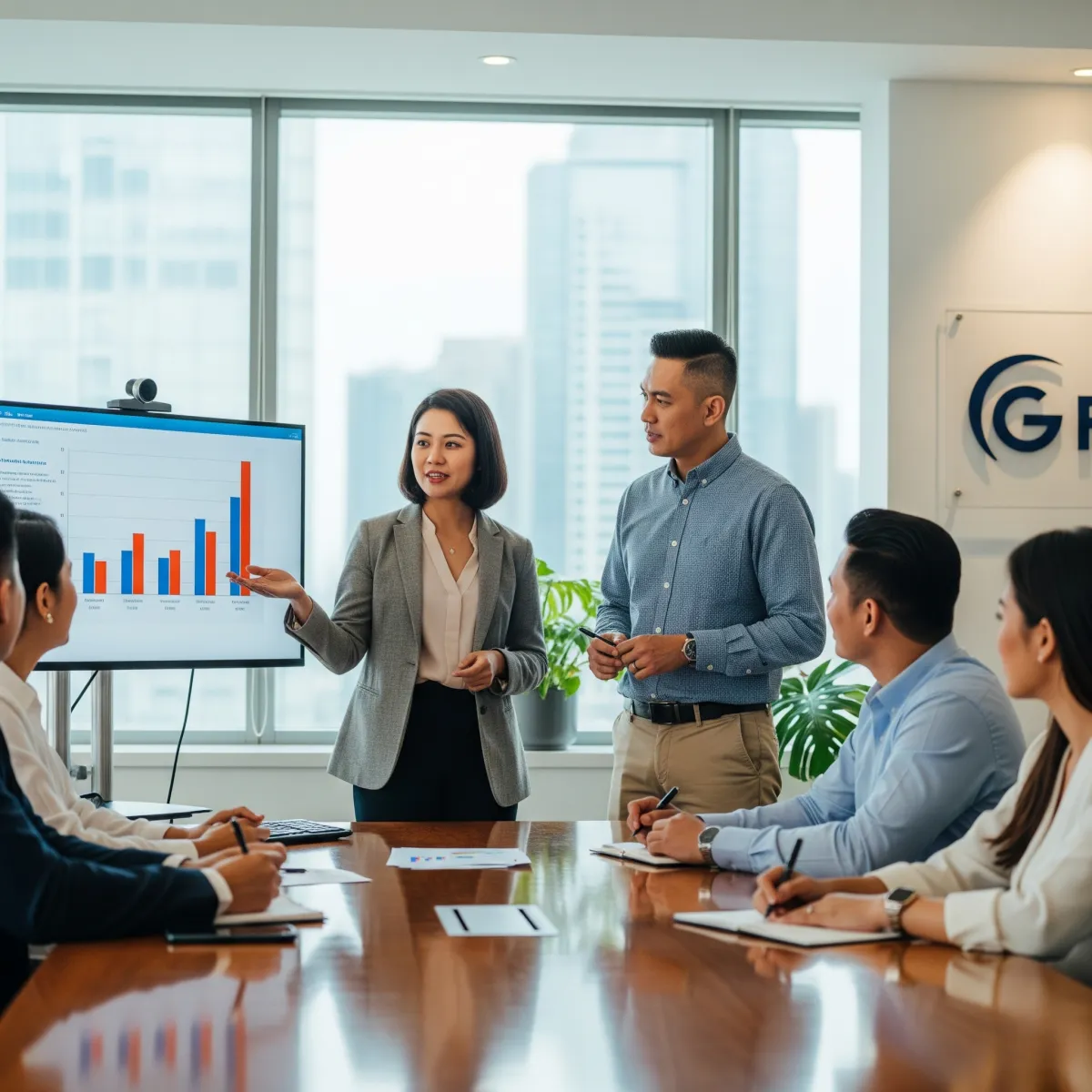 a team presentiong a report