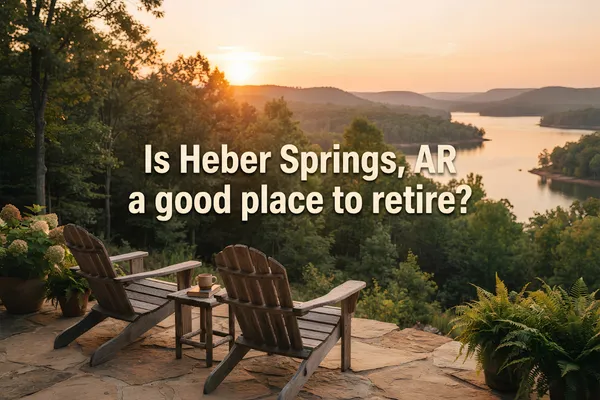 Retirees walking along Greers Ferry Lake shoreline in Heber Springs