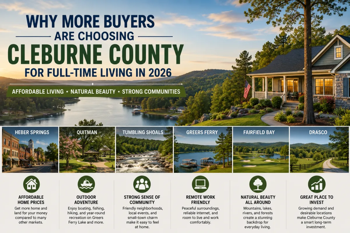 Scenic home overlooking Greers Ferry Lake in Cleburne County, Arkansas, highlighting the benefits of full-time living in Heber Springs and nearby communities.