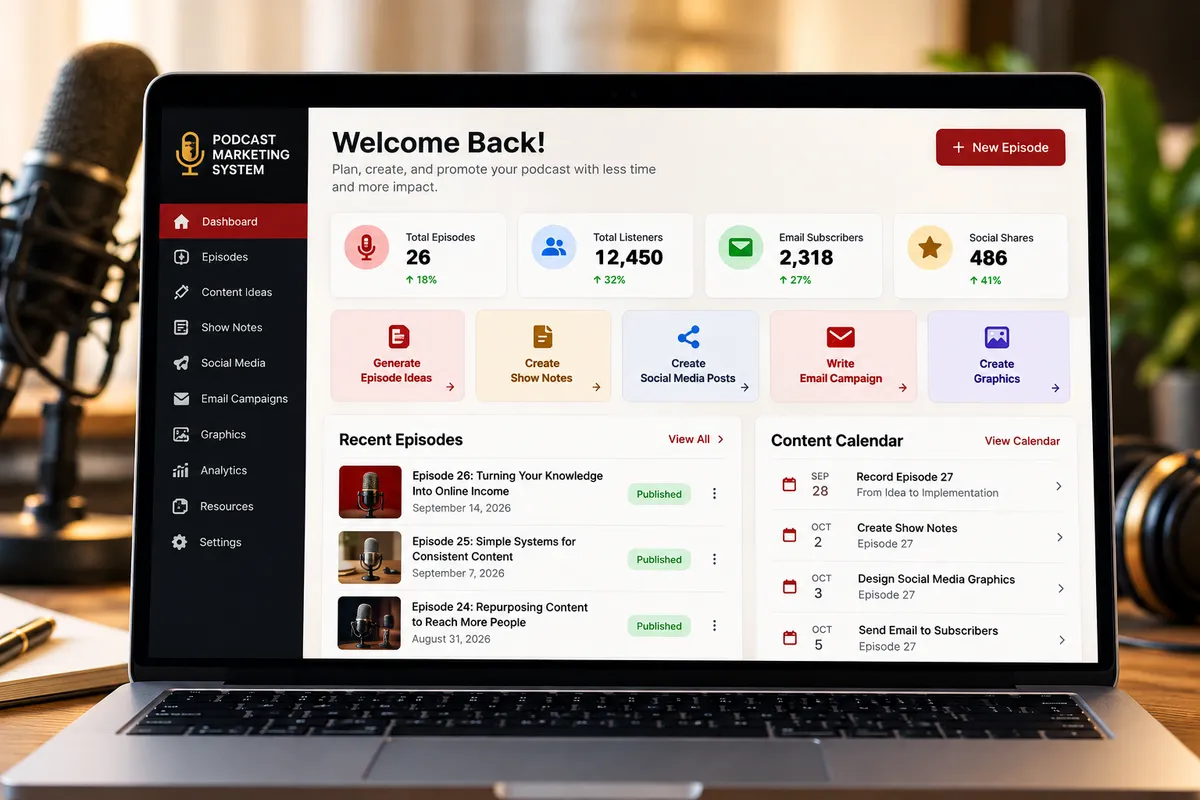 Laptop mockup showing a podcast marketing system interface