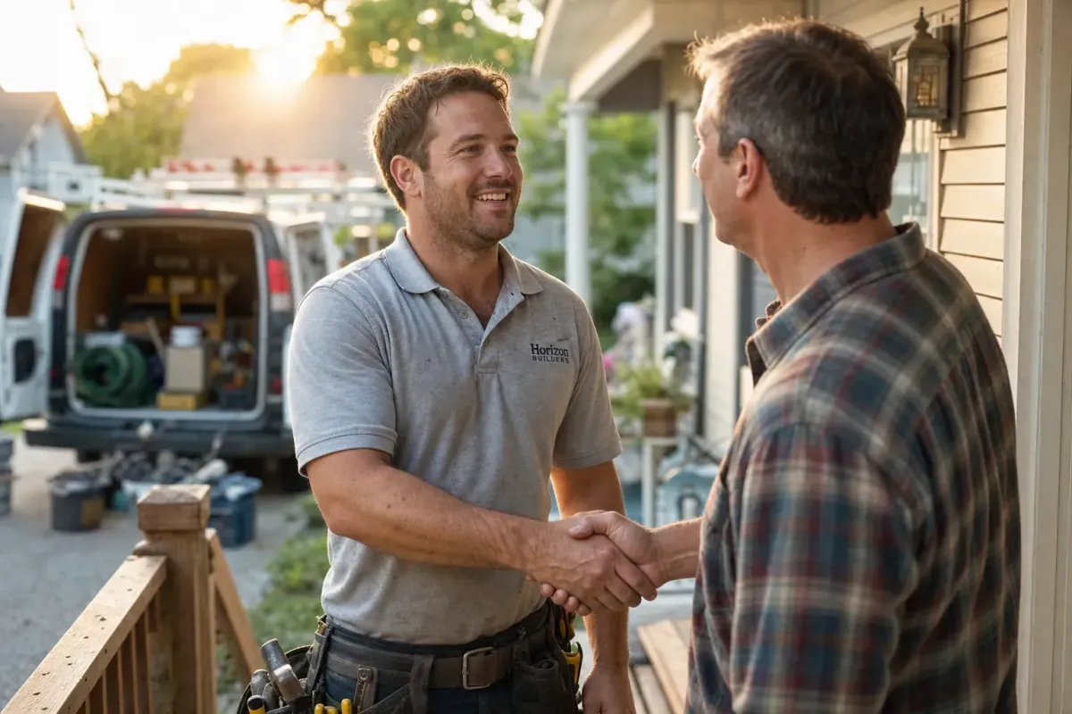 A contractor in a work polo shaking hands with a homeowner on a front porch after finishing a job, both smiling