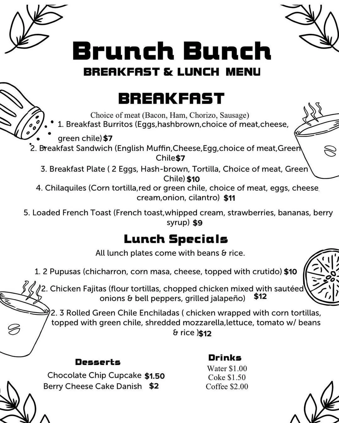 Brunch Crunch Food Truck menu featuring breakfast and lunch