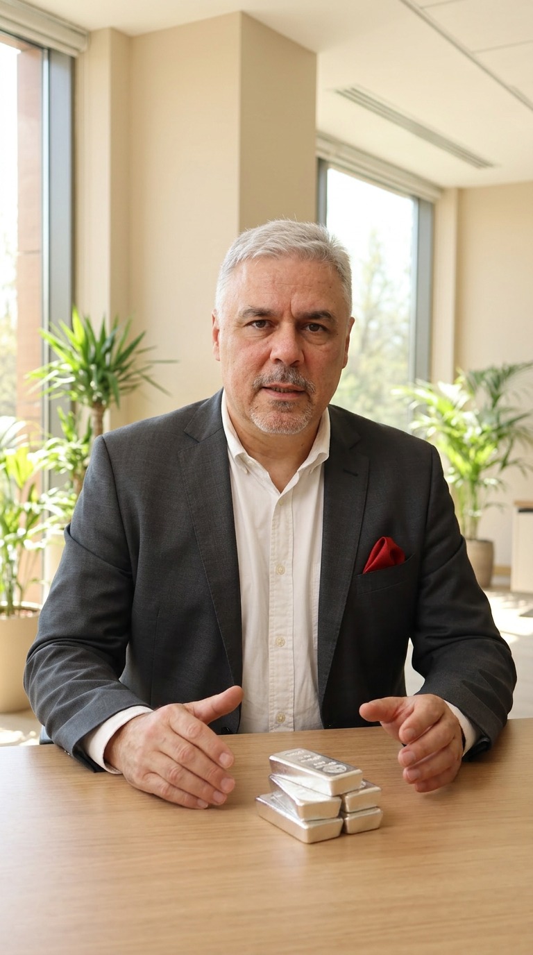 A calm and confident male financial expert sitting at a modern premium desk in a warm cinematic environment