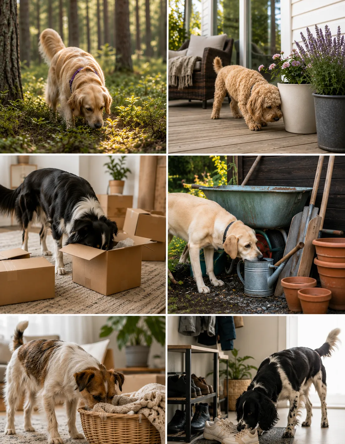 Avslappet hund og eier som trener nosework ute i naturen