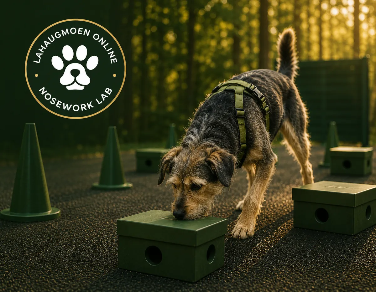 Hund som deltar på fysisk nosework kurs med varme naturlige lysforhold