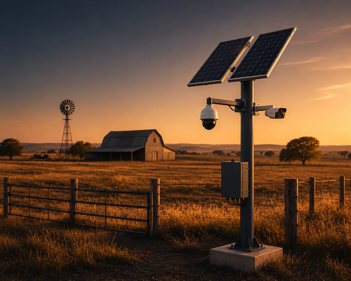 Solar powered CCTV tower deployed on a rural property