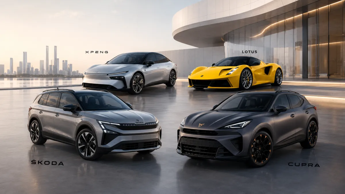 Panorama eines modernen Autohaus-Showrooms mit Fahrzeugen von XPENG, Lotus, Škoda und CUPRA