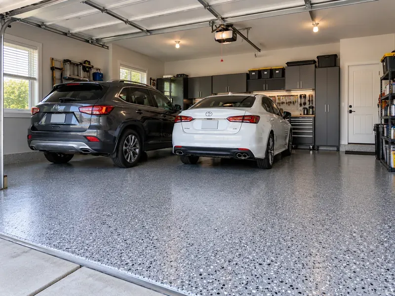 Two-car garage with a gray flake epoxy floor coating