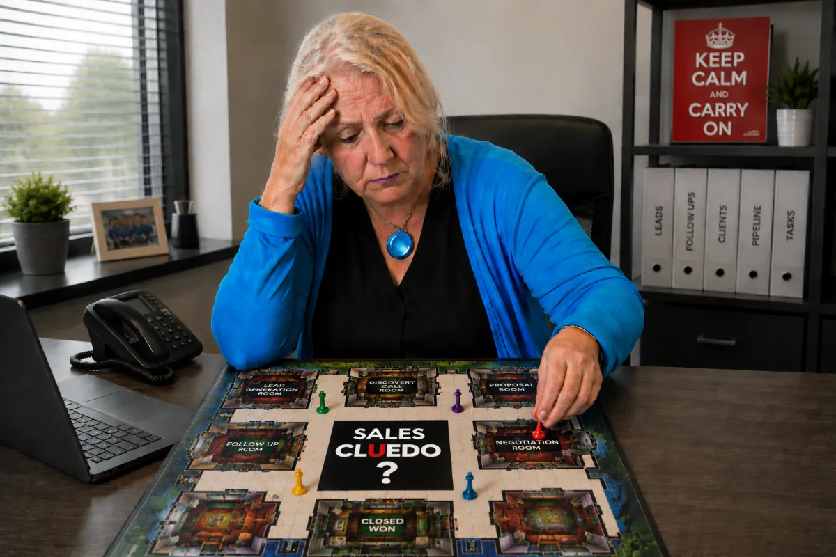 Business owner struggling to manage sales leads and follow-ups while playing a sales pipeline board game called Sales Cluedo. Image representing CRM software, sales pipeline management, lead tracking and follow-up automation for small businesses.