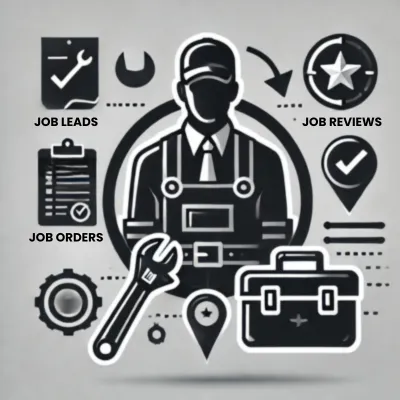 Illustration of a skilled tradesperson with job leads, job orders, and customer reviews icons, representing business growth and freelancer opportunities on OddJobNation.