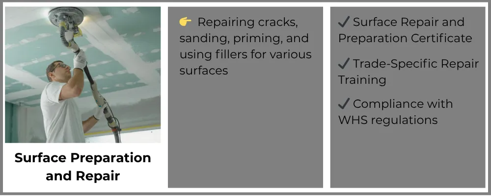 Worker sanding ceiling for surface preparation and repair, fixing cracks and priming surfaces as part of painting services.