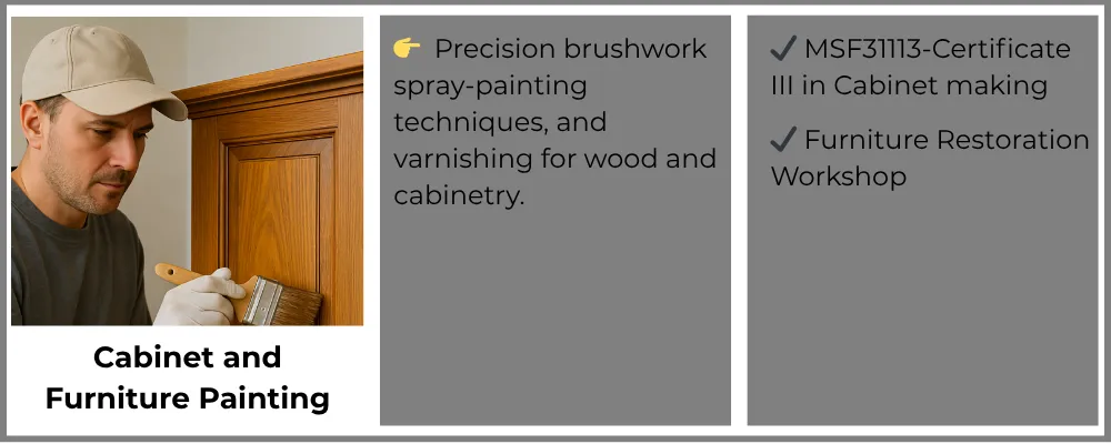 Handyman painting wooden cabinet with brush, applying varnish and precision techniques for cabinet and furniture painting services.