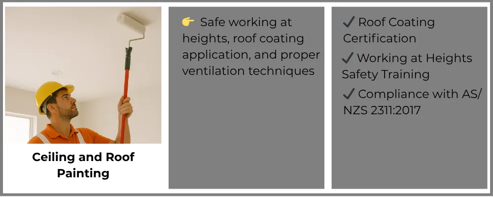 Painter using roller for ceiling and roof painting, ensuring safe work at heights and proper ventilation in painting services.