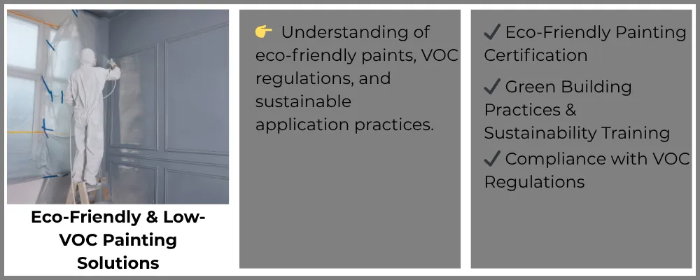 Painter applying eco-friendly low-VOC paint indoors, following sustainable practices and VOC regulations in painting services.