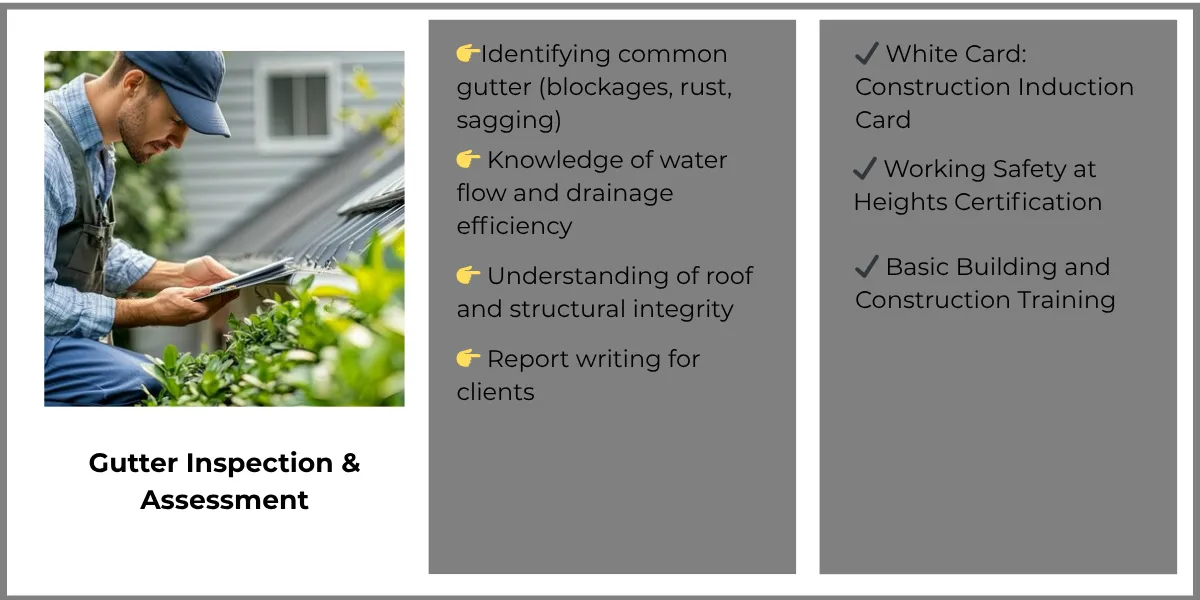 A worker identifying common gutter issues (blockages, rust, sagging).