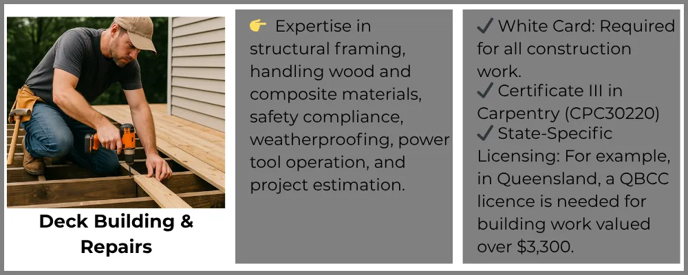 A worker skilled in structural framing and handling wood for deck building and repairs.