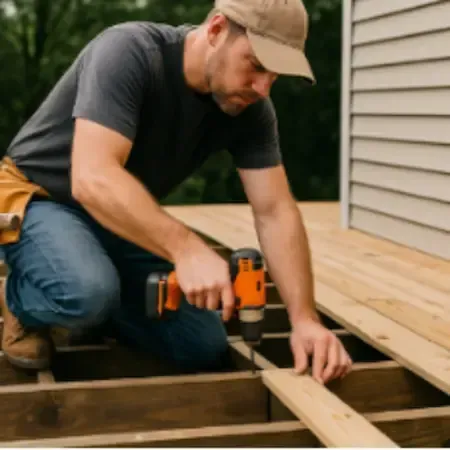 Carpenter using power drill to build timber deck, demonstrating framing and repair skills on residential decking project.