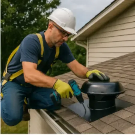 Worker installing attic roof ventilation cap using power drill on shingle roof for air circulation