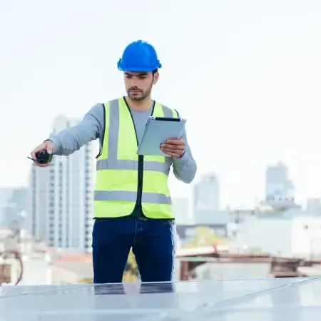 Roof inspector using tablet and infrared device during rooftop safety inspection