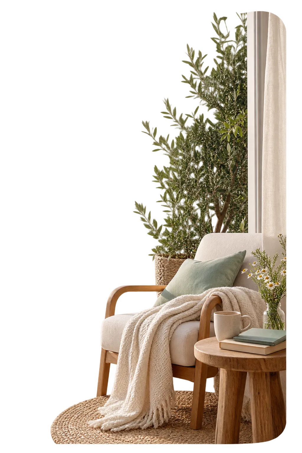 A quiet window seat with a mug and a book in warm natural light, with a gentle sea view outside