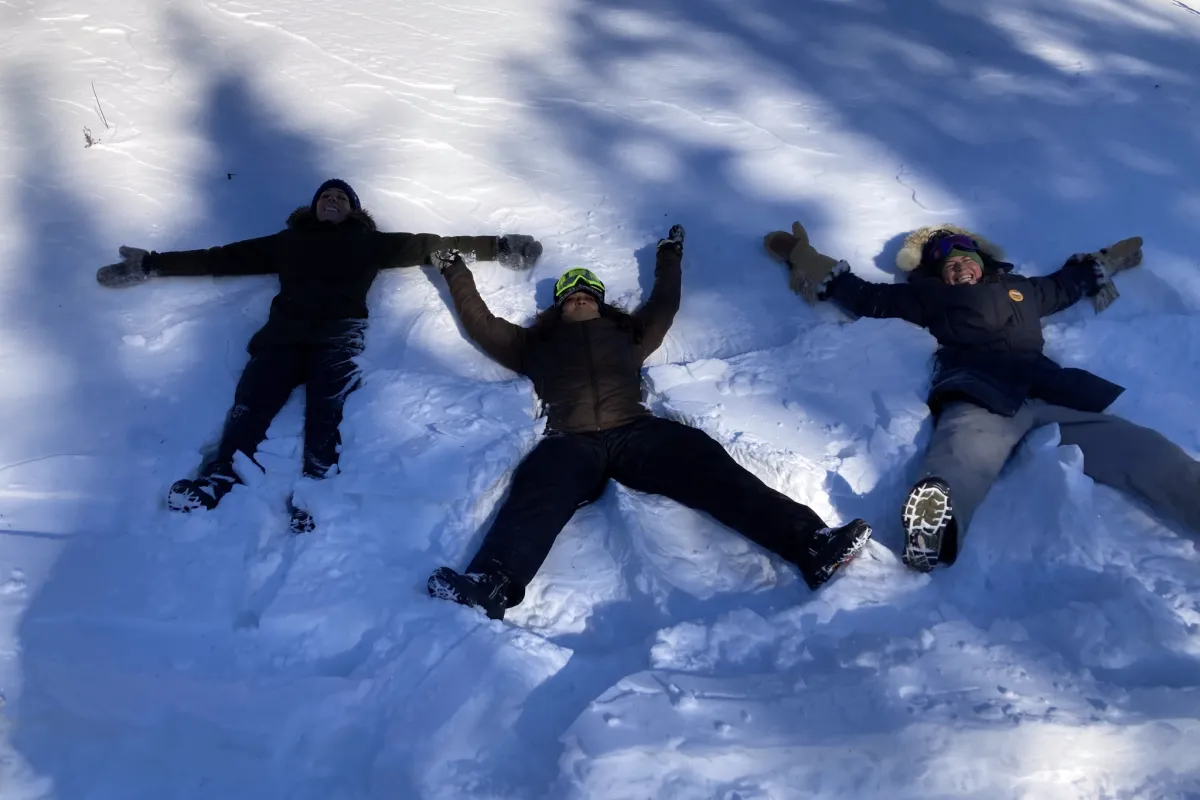 people playing in the snow making snow angels