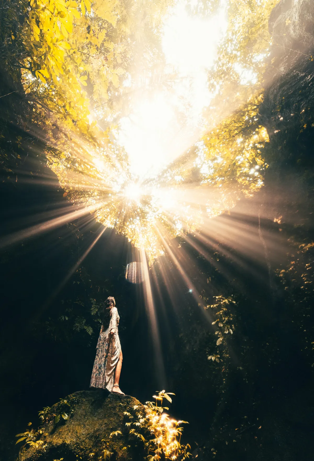 girl in the forest with enchanting ray of sunlight