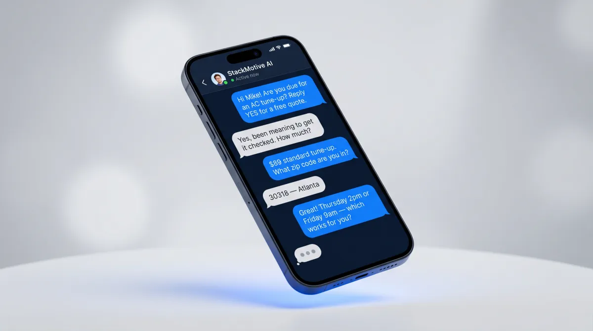 Phone mockup showing an AI chat between 'StackMotive AI Assistant' and customer Mike; AI qualifies the lead and offers a tune-up appointment.