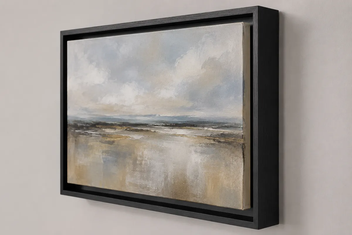 Custom canvas float frame showcasing a stretched landscape canvas with a modern black floating frame that creates a shadow gap around the artwork. Professional canvas float framing in Spring, TX serving Houston and surrounding areas.