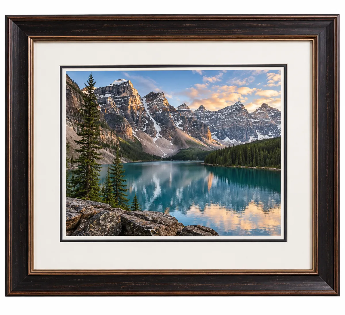 Custom framed Moraine Lake landscape print featuring turquoise alpine water, mountain peaks, and evergreen forest with double matting and a dark wood custom picture frame.
