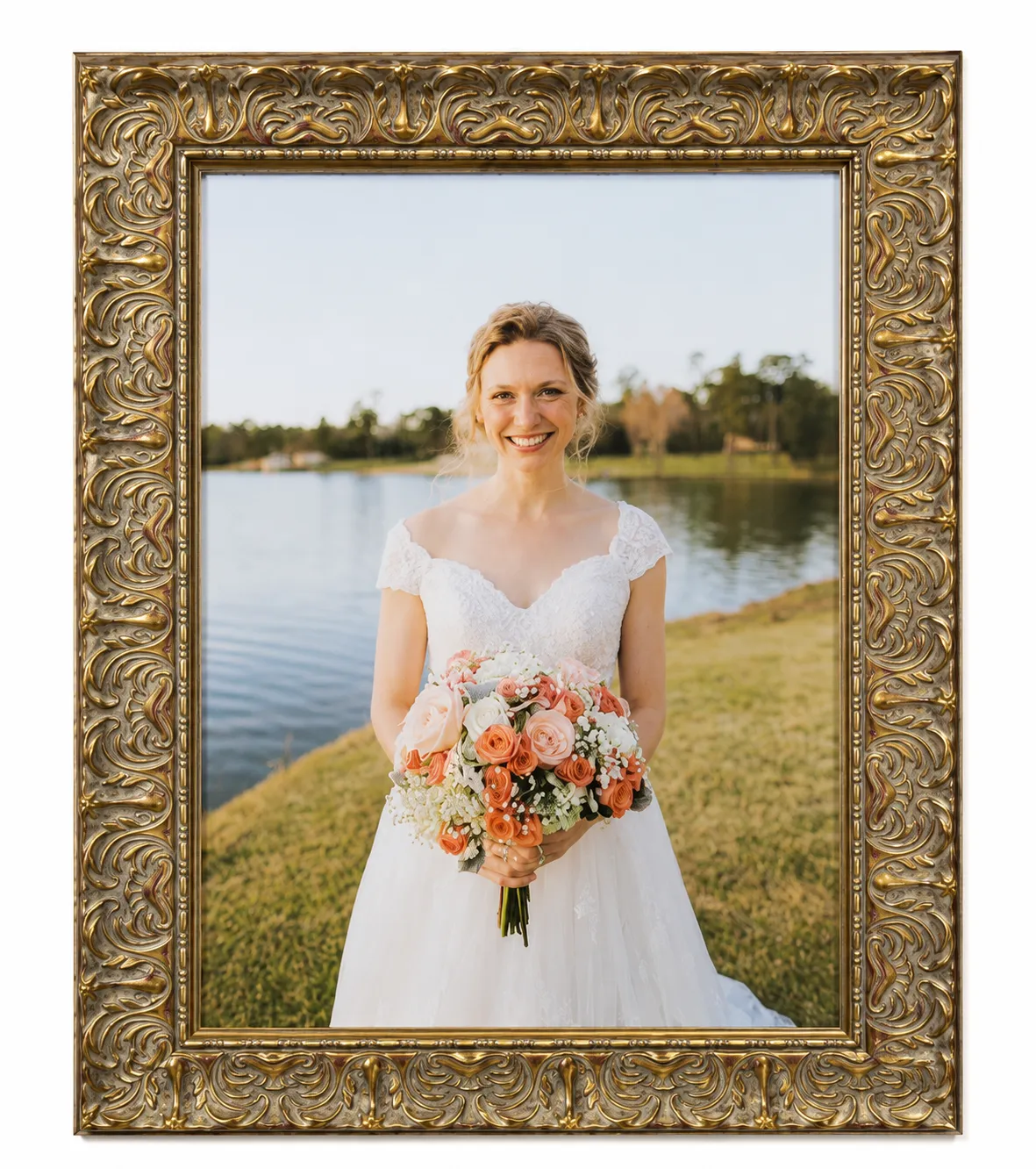 Custom framed wedding photograph featuring a bride holding a bouquet in an ornate gold frame with decorative moulding, professionally custom framed for elegant home display.