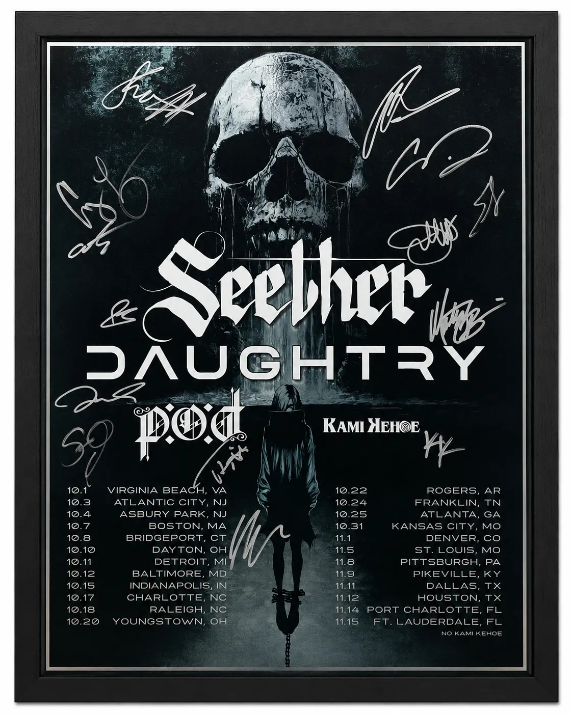 Custom framed autographed Seether and Daughtry concert tour poster featuring multiple band member signatures, professionally displayed in a black custom picture frame with a silver inner liner.