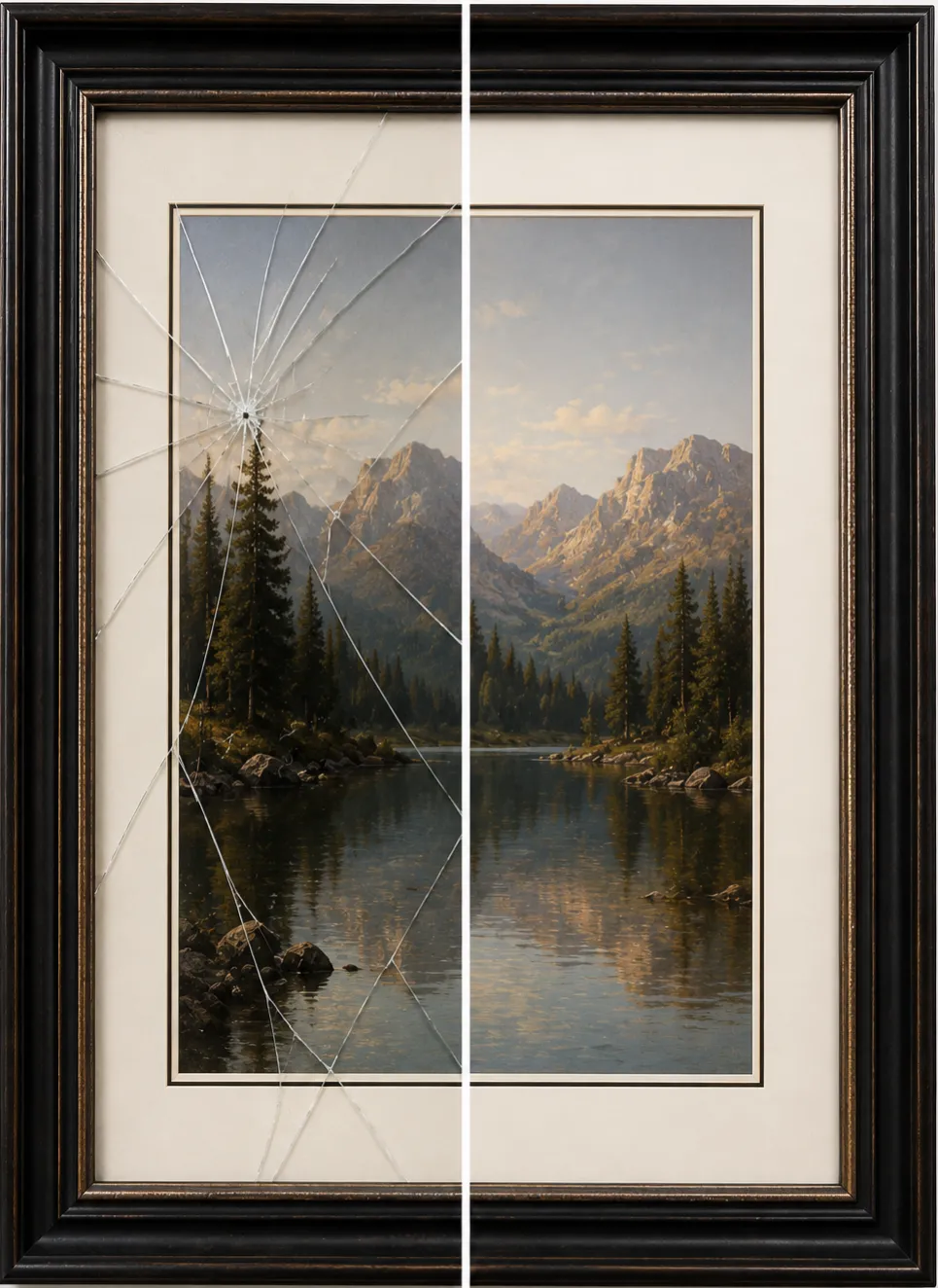 Side-by-side comparison of a custom framed landscape print showing broken picture frame glass before replacement and professionally repaired clear glass after replacement in the original custom frame.