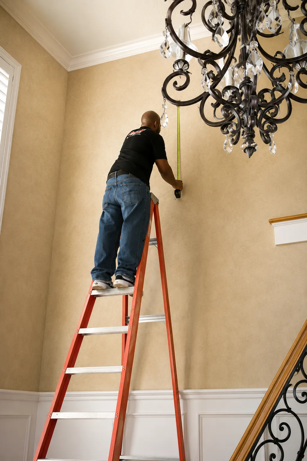 Professional picture frame installation service featuring a technician measuring wall placement before hanging framed artwork in a residential foyer with high ceilings and decorative lighting.