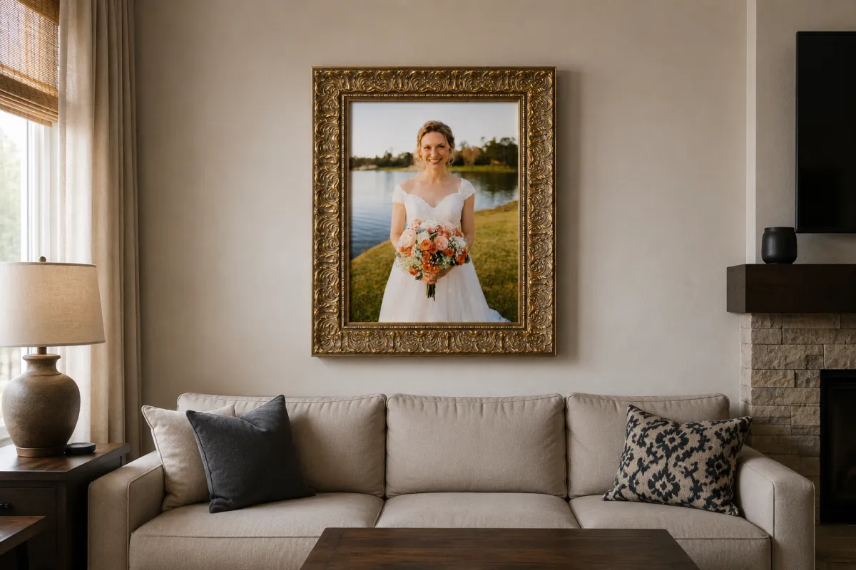 Custom framed wedding portrait displayed above a sofa in a living room
