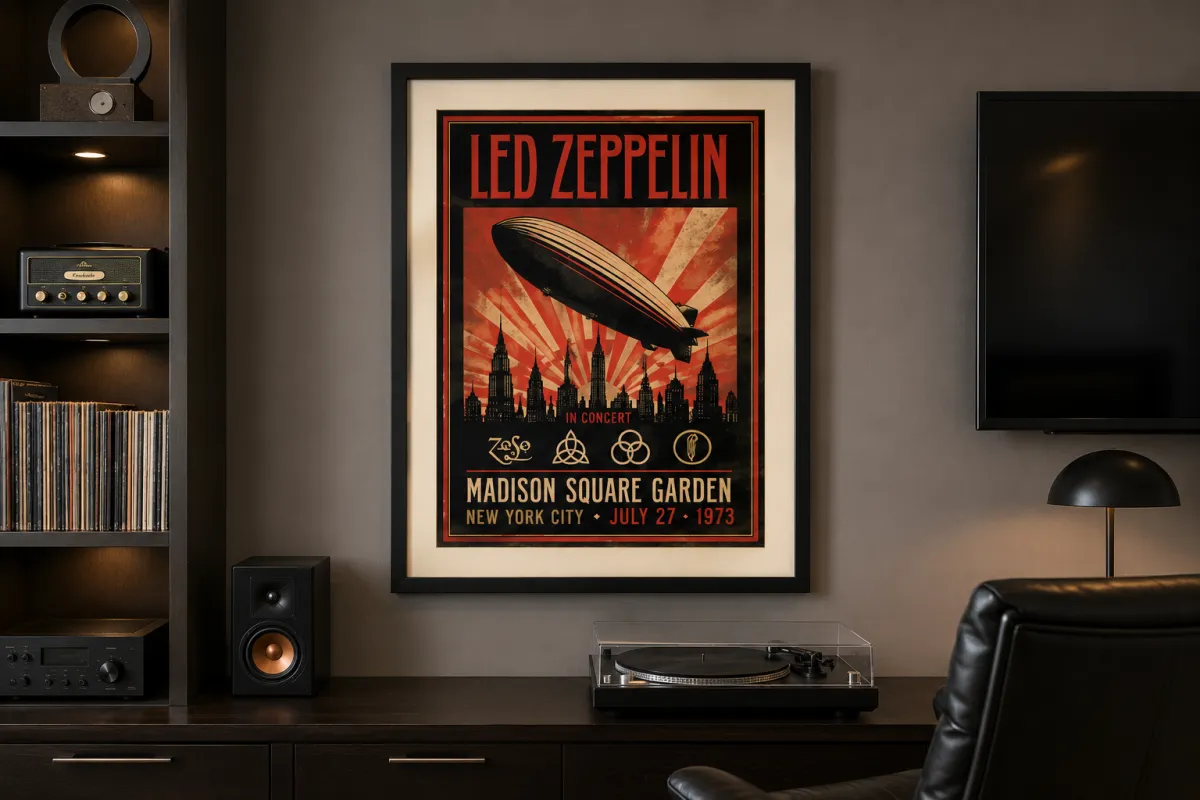 Custom framed poster displayed on a wall with professional matting and framing