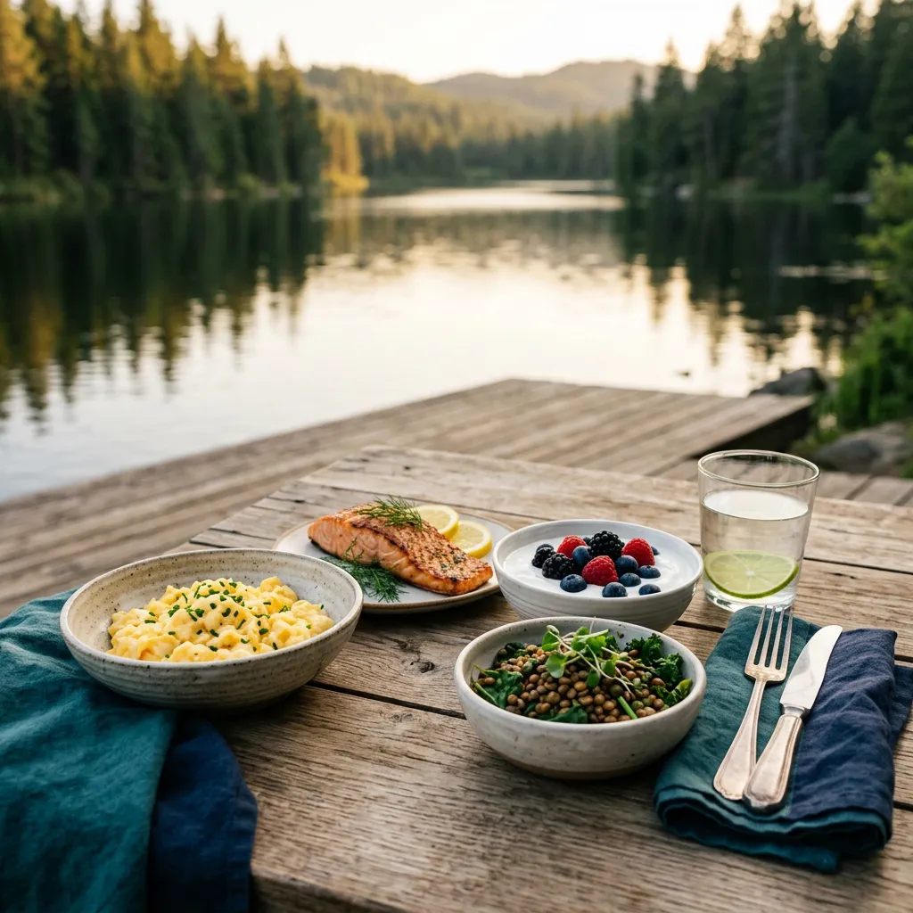 High-protein breakfast of eggs, Greek yogurt with berries, salmon and lentils on a lakeside table at golden hour